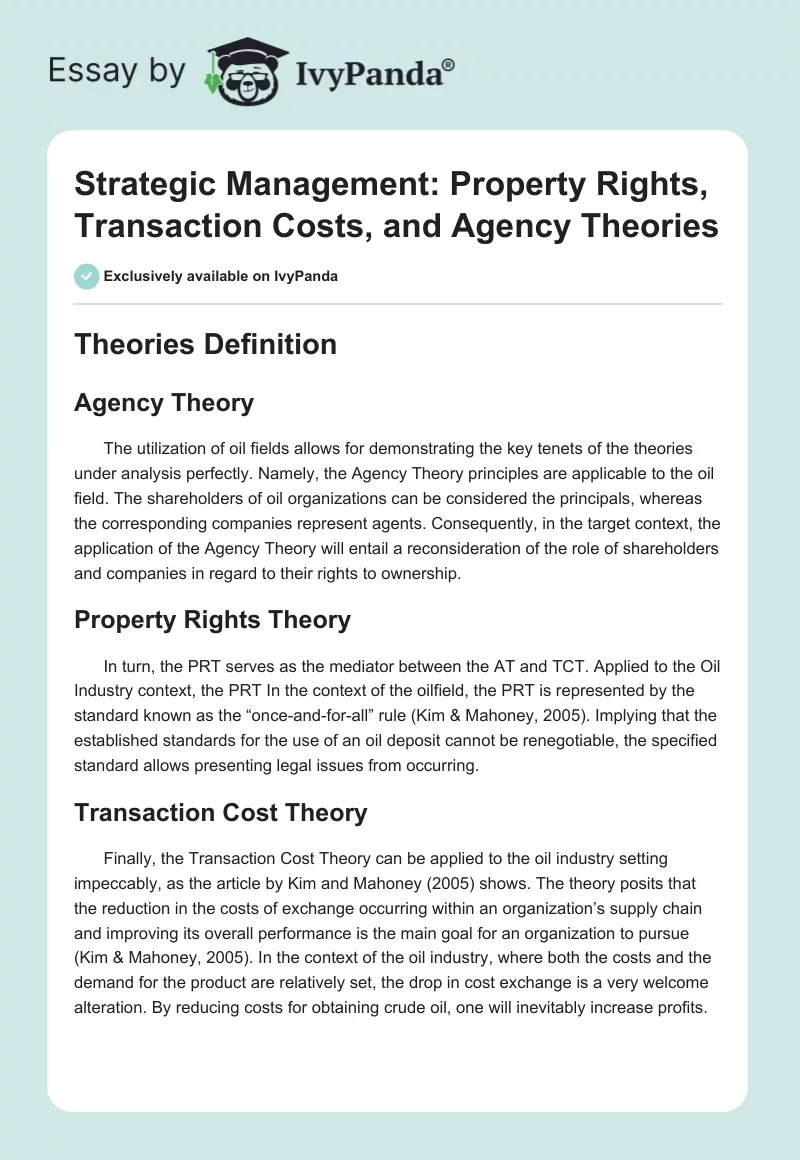 Strategic Management: Property Rights, Transaction Costs, and Agency Theories. Page 1