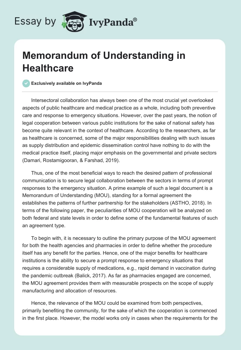 Memorandum of Understanding in Healthcare. Page 1