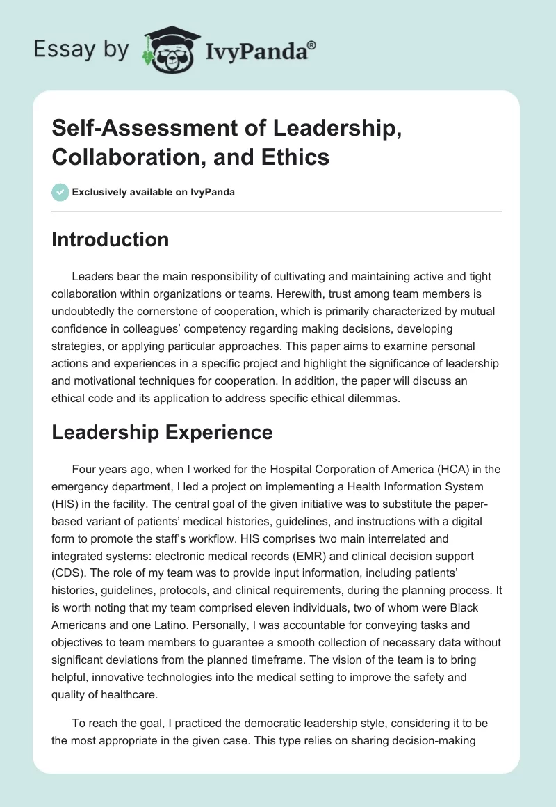 Self-Assessment of Leadership, Collaboration, and Ethics. Page 1