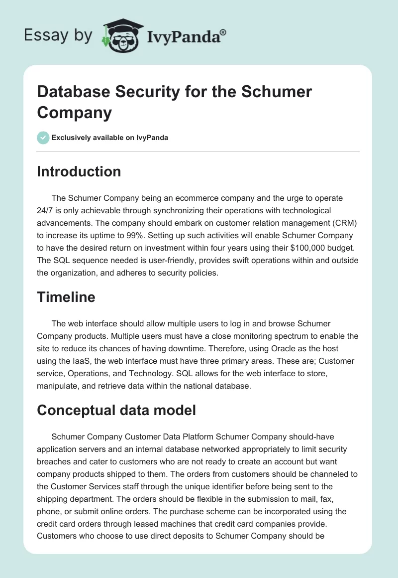 Database Security for the Schumer Company. Page 1