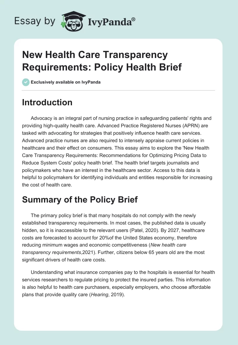 New Health Care Transparency Requirements: Policy Health Brief. Page 1