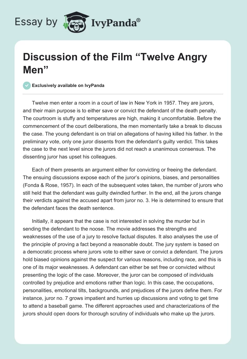Discussion of the Film “Twelve Angry Men”. Page 1