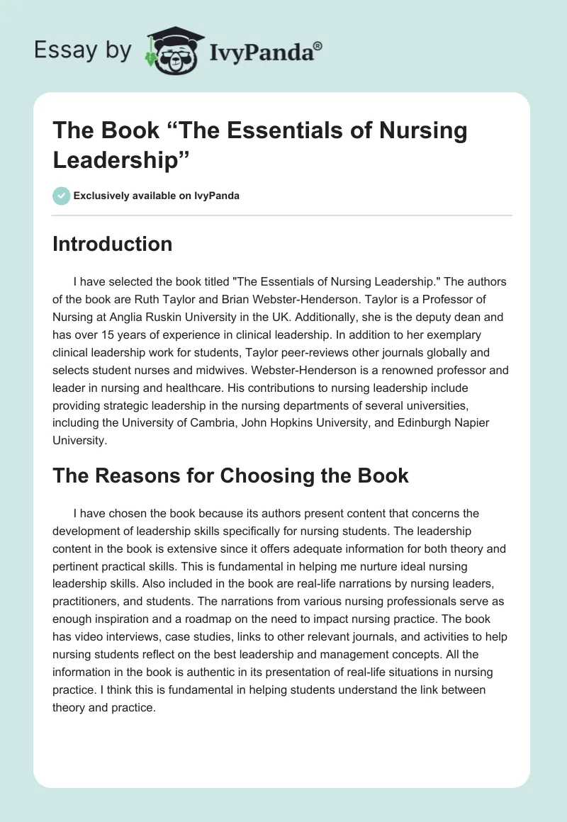 The Book “The Essentials of Nursing Leadership”. Page 1