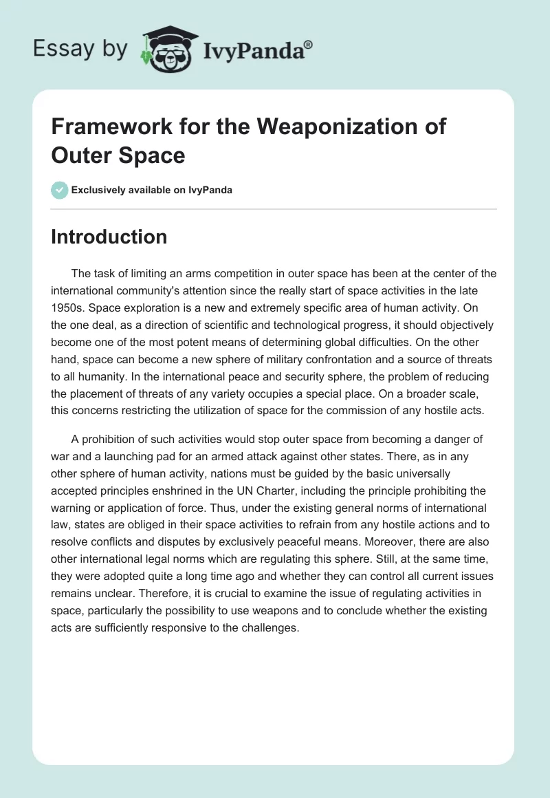 Framework for the Weaponization of Outer Space. Page 1