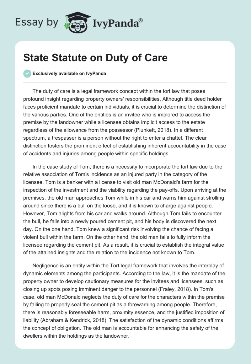 State Statute on Duty of Care. Page 1