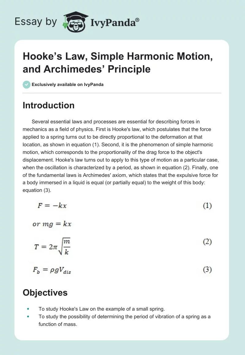 Hooke’s Law, Simple Harmonic Motion, and Archimedes’ Principle. Page 1