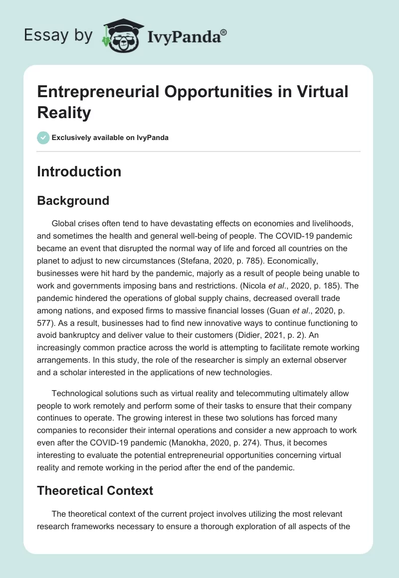 Entrepreneurial Opportunities in Virtual Reality. Page 1