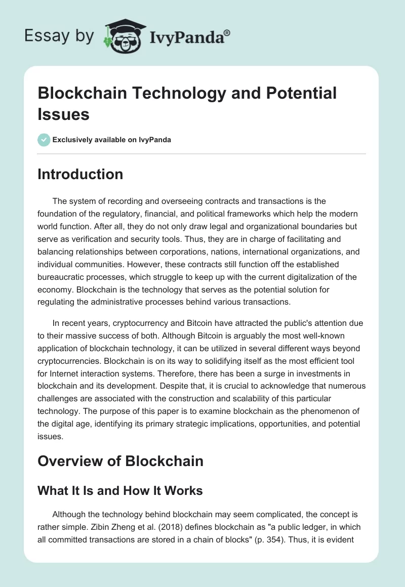 Blockchain Technology and Potential Issues. Page 1