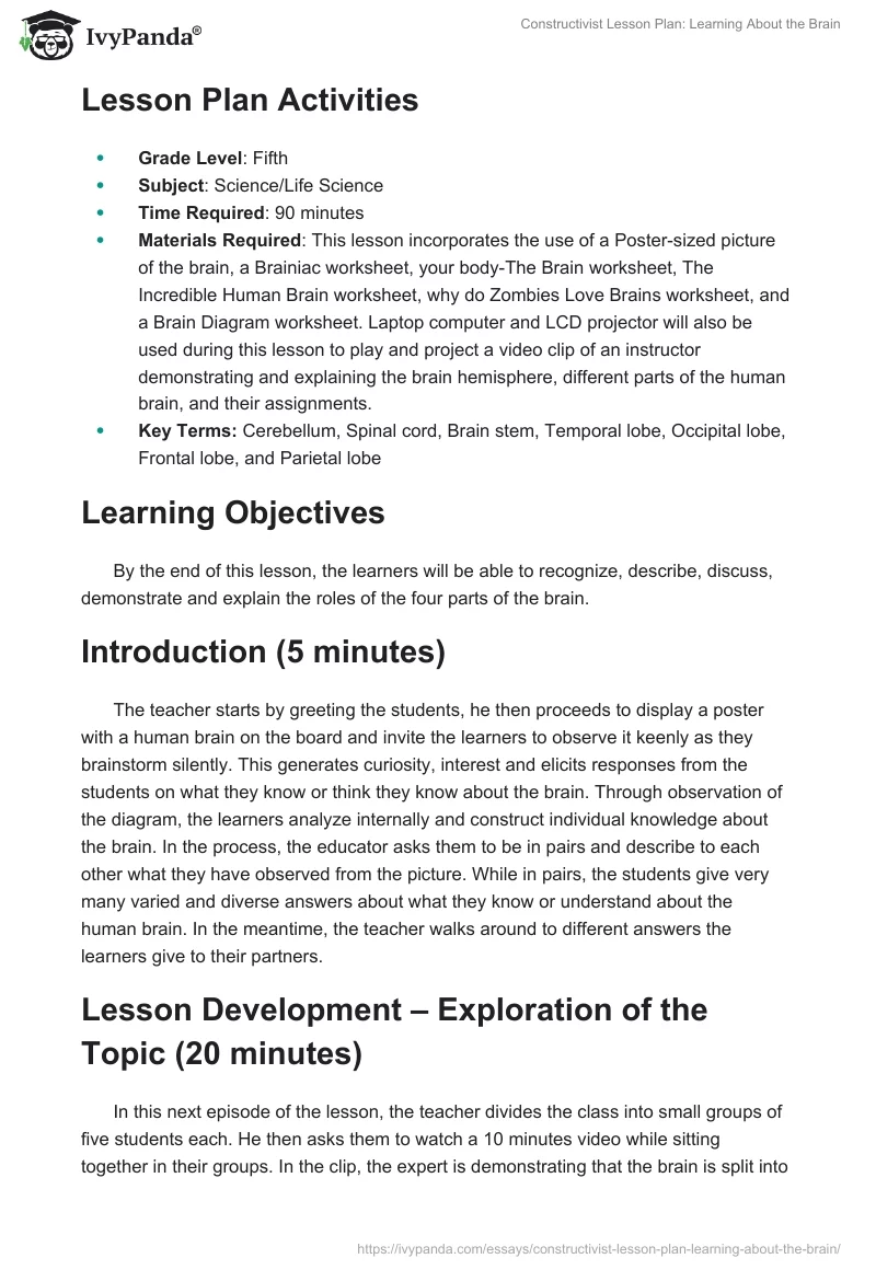 Constructivist Lesson Plan: Learning About the Brain. Page 2