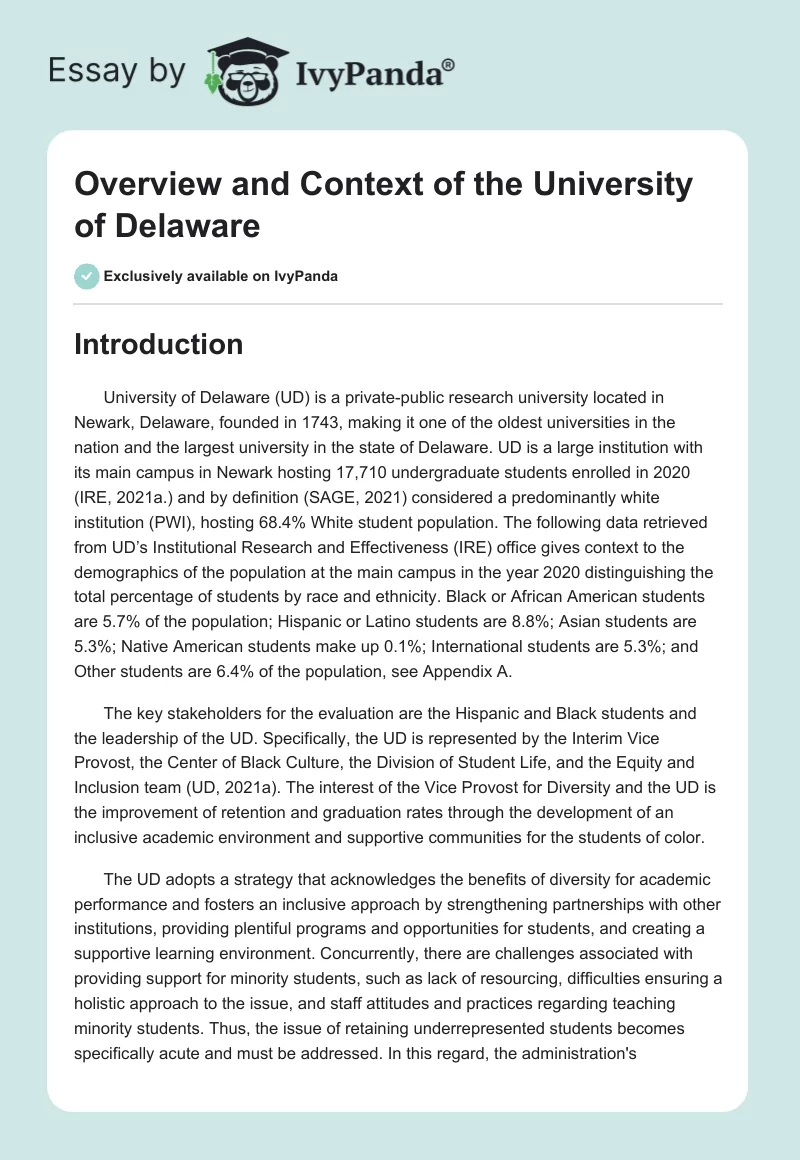 Overview and Context of the University of Delaware. Page 1