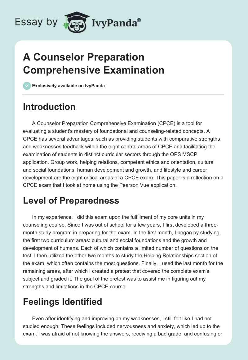 A Counselor Preparation Comprehensive Examination. Page 1