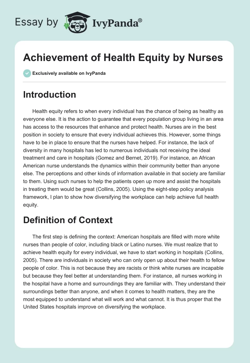 Achievement of Health Equity by Nurses. Page 1