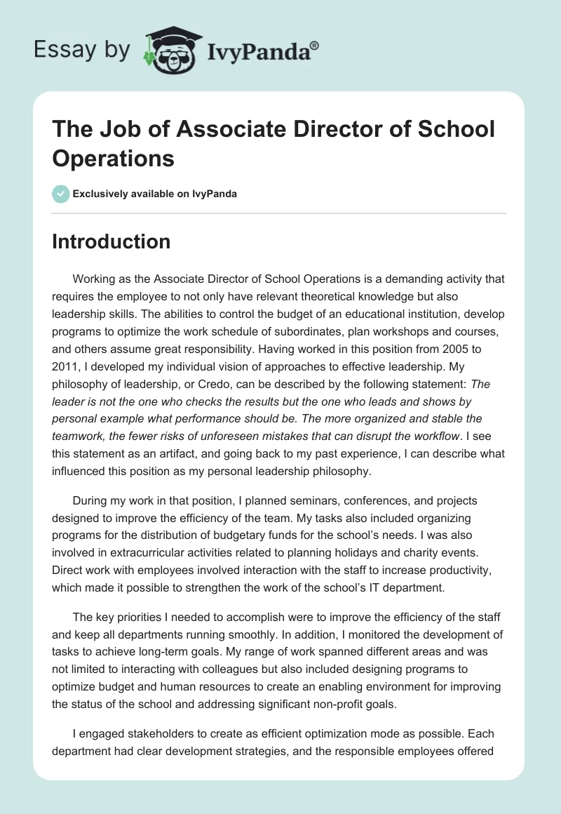 The Job of Associate Director of School Operations. Page 1