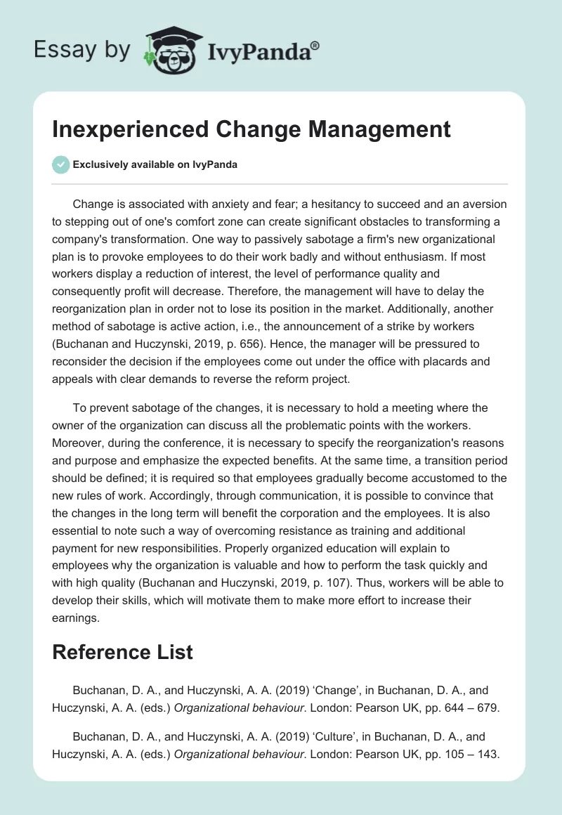 Inexperienced Change Management. Page 1