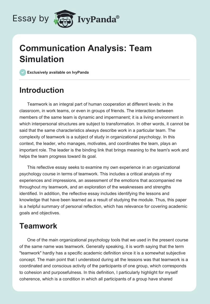 Communication Analysis: Team Simulation. Page 1