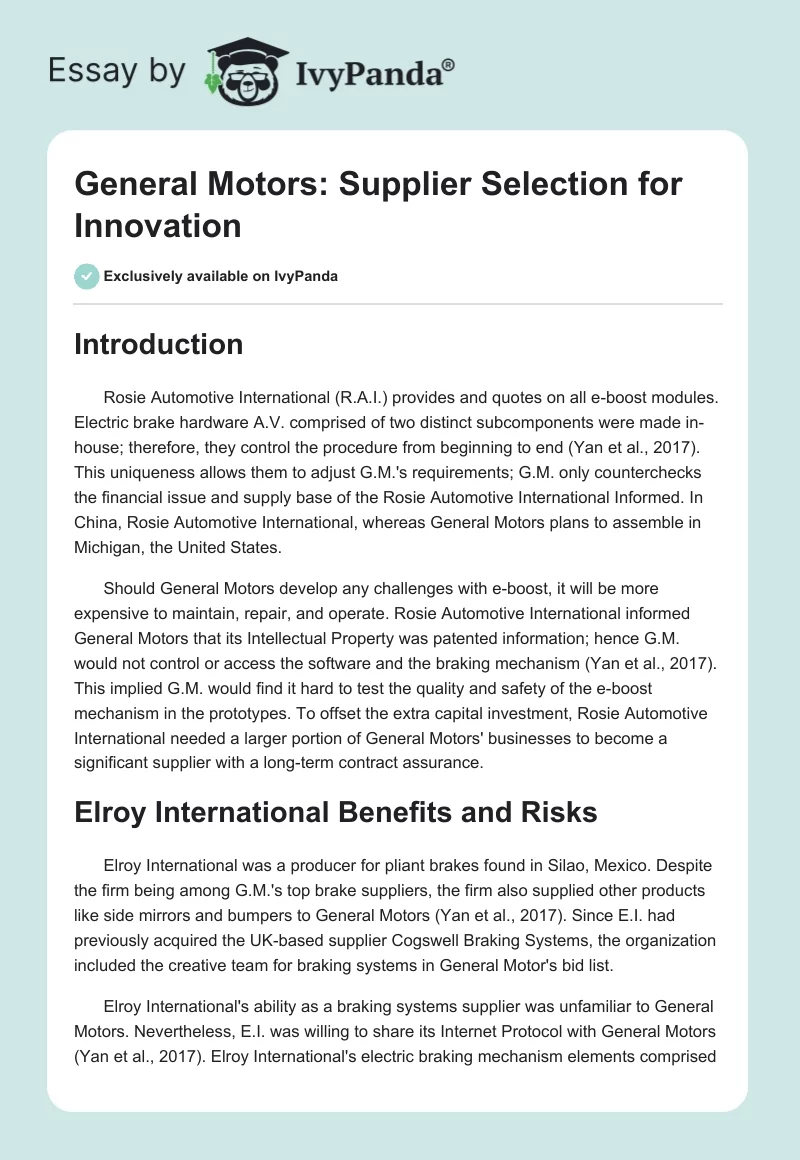 General Motors: Supplier Selection for Innovation. Page 1