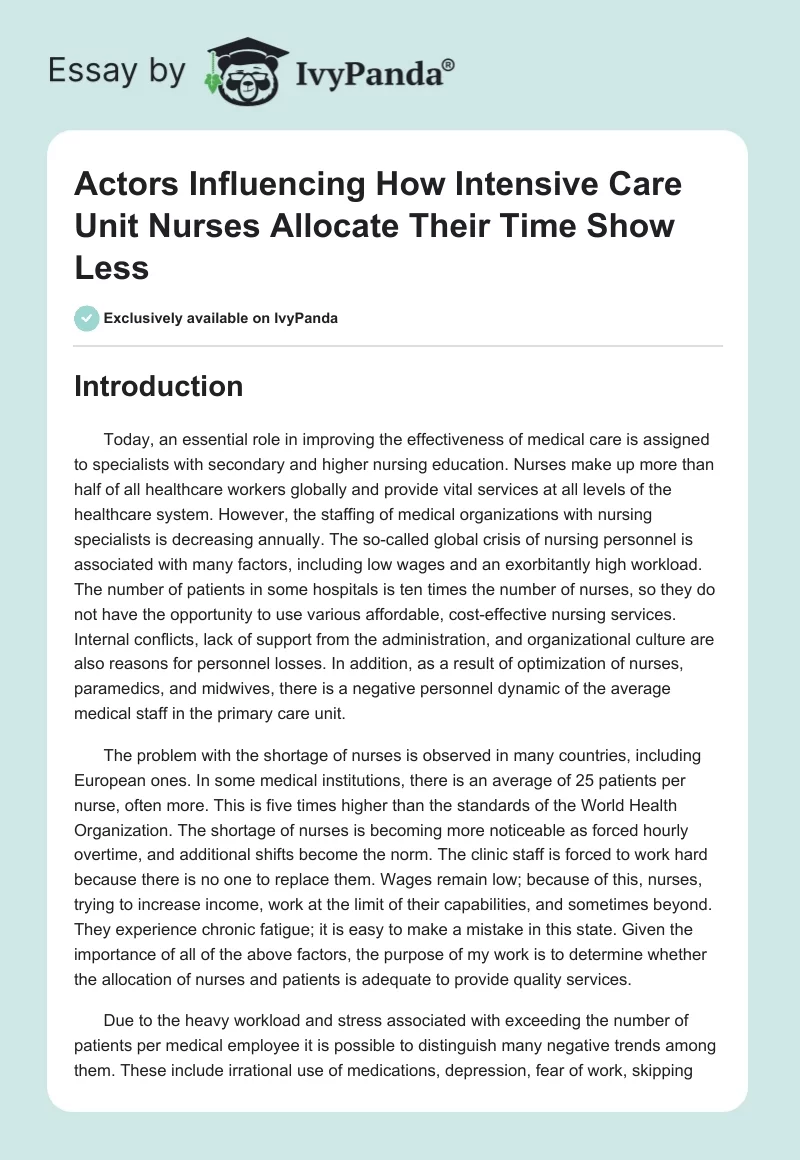 Actors Influencing How Intensive Care Unit Nurses Allocate Their Time Show Less. Page 1