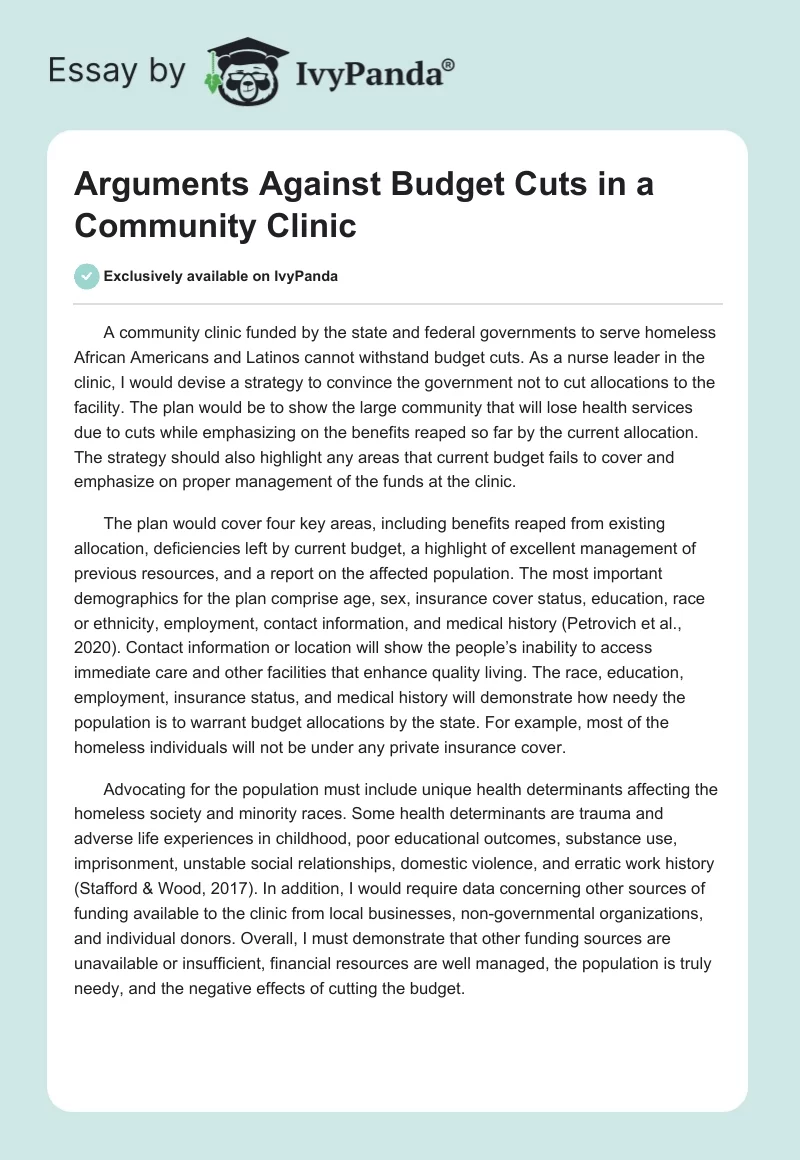 Arguments Against Budget Cuts in a Community Clinic. Page 1