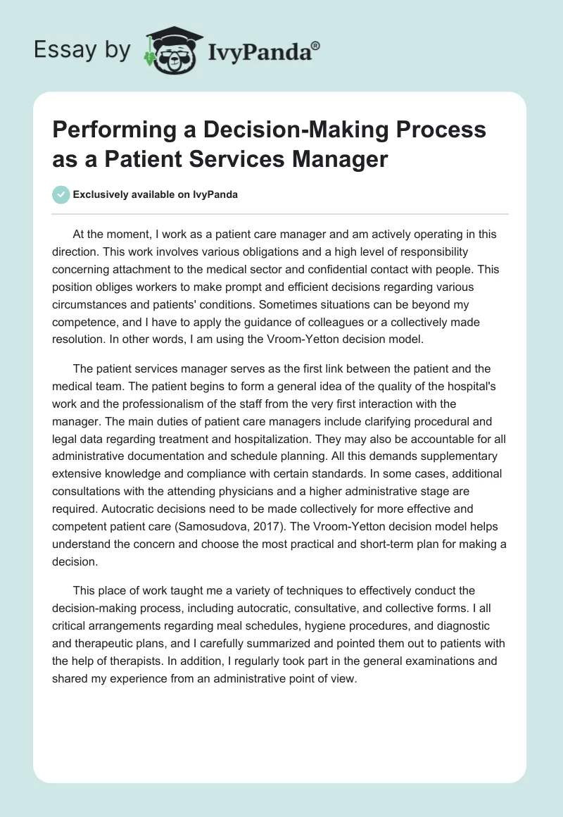 Performing a Decision-Making Process as a Patient Services Manager. Page 1