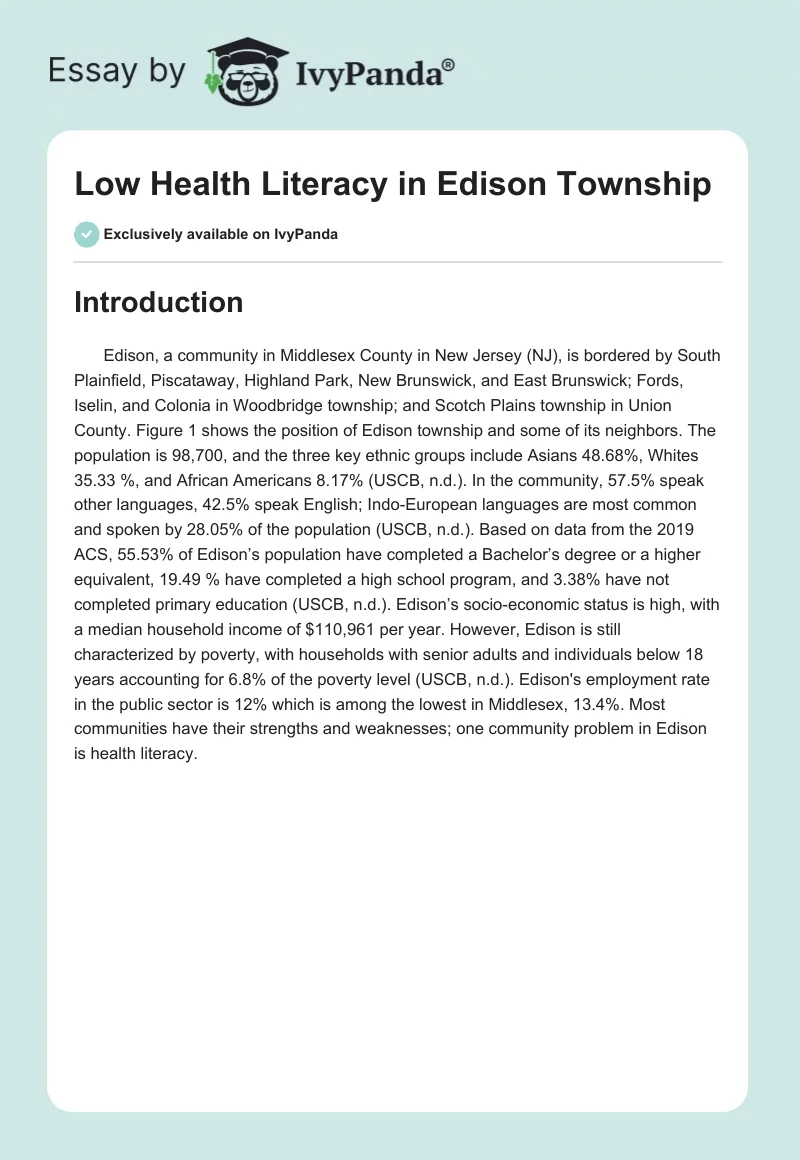 Low Health Literacy in Edison Township. Page 1
