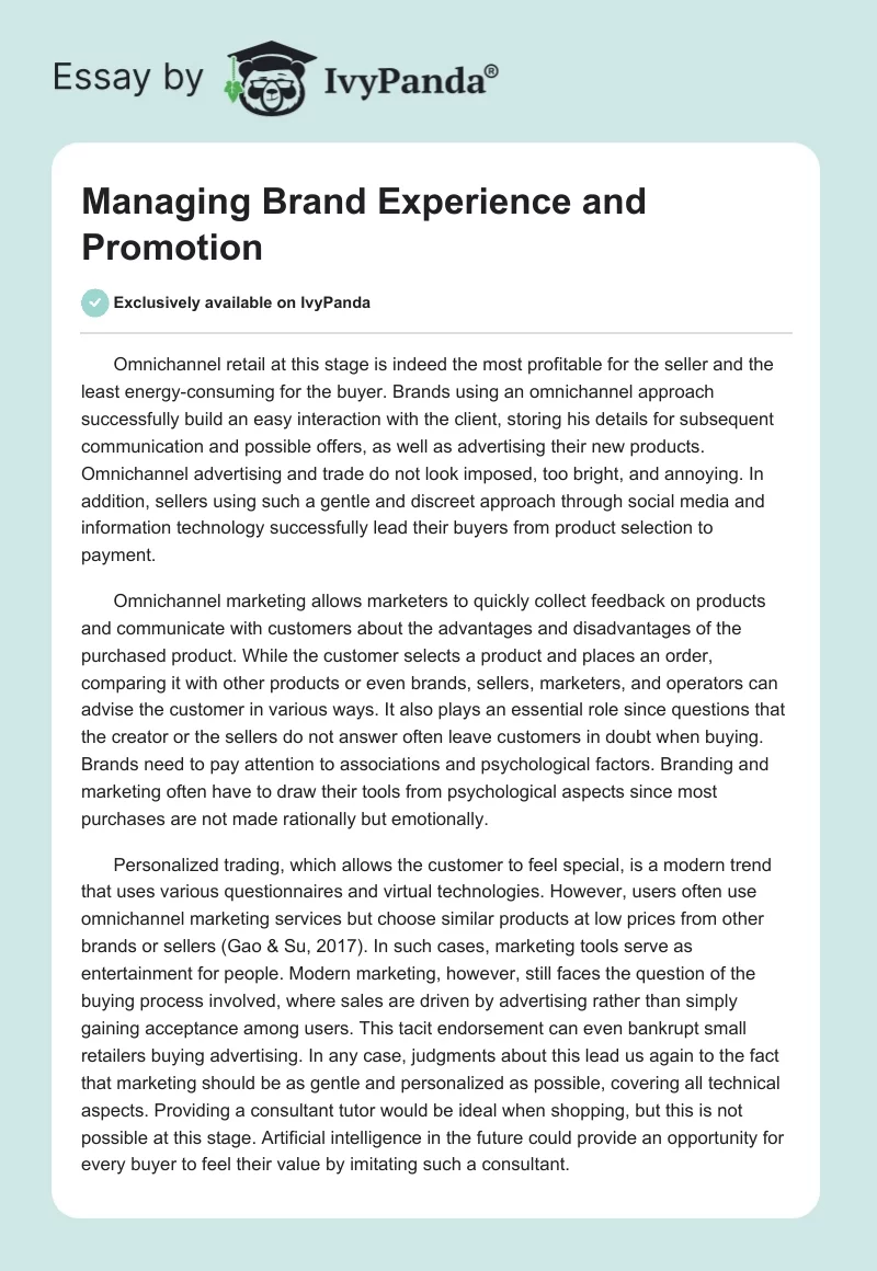 Managing Brand Experience and Promotion. Page 1