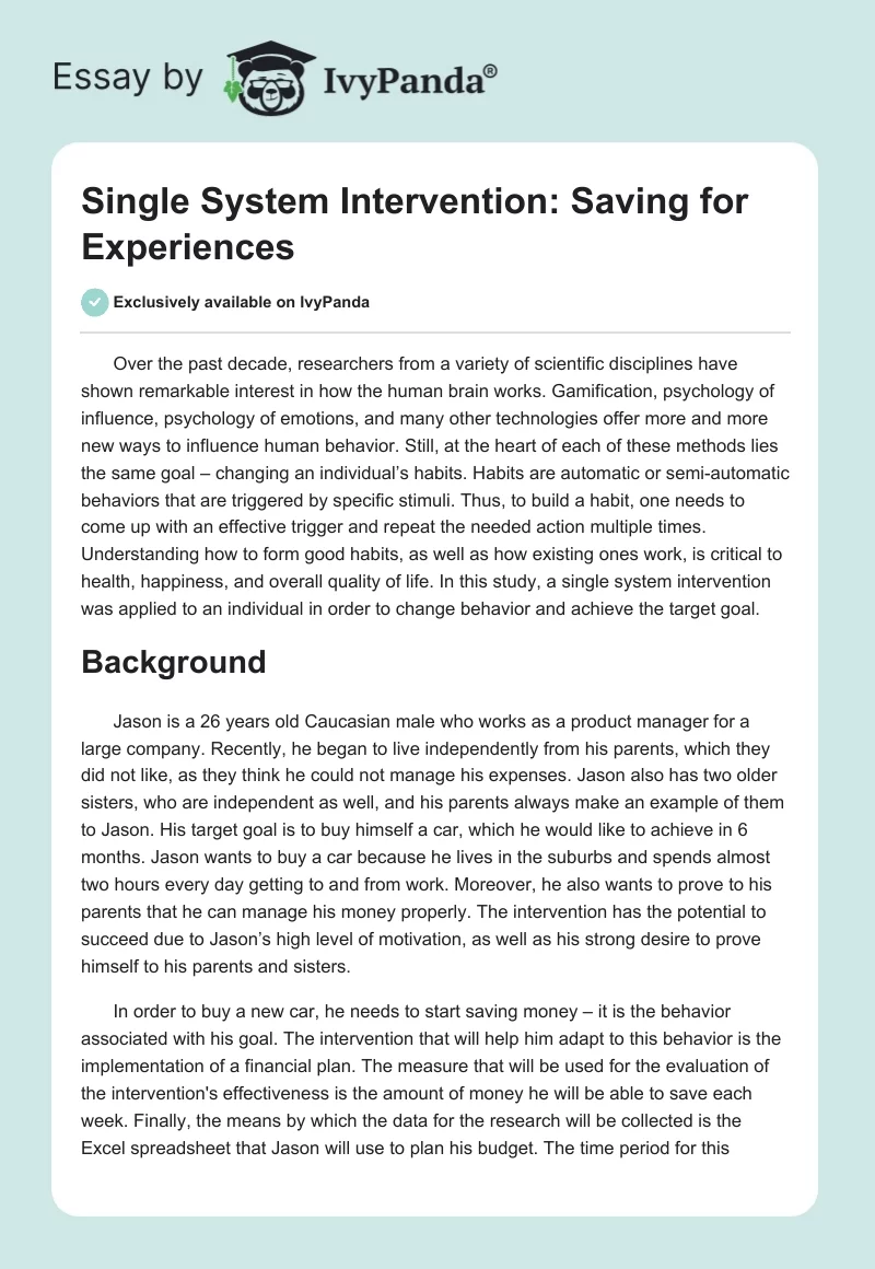 Single System Intervention: Saving for Experiences. Page 1