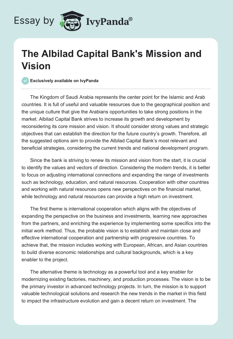 The Albilad Capital Bank's Mission and Vision. Page 1