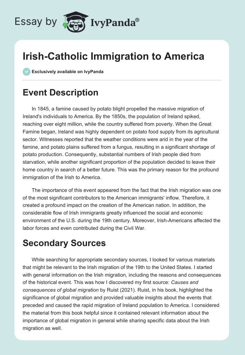 Irish-Catholic Immigration to America. Page 1