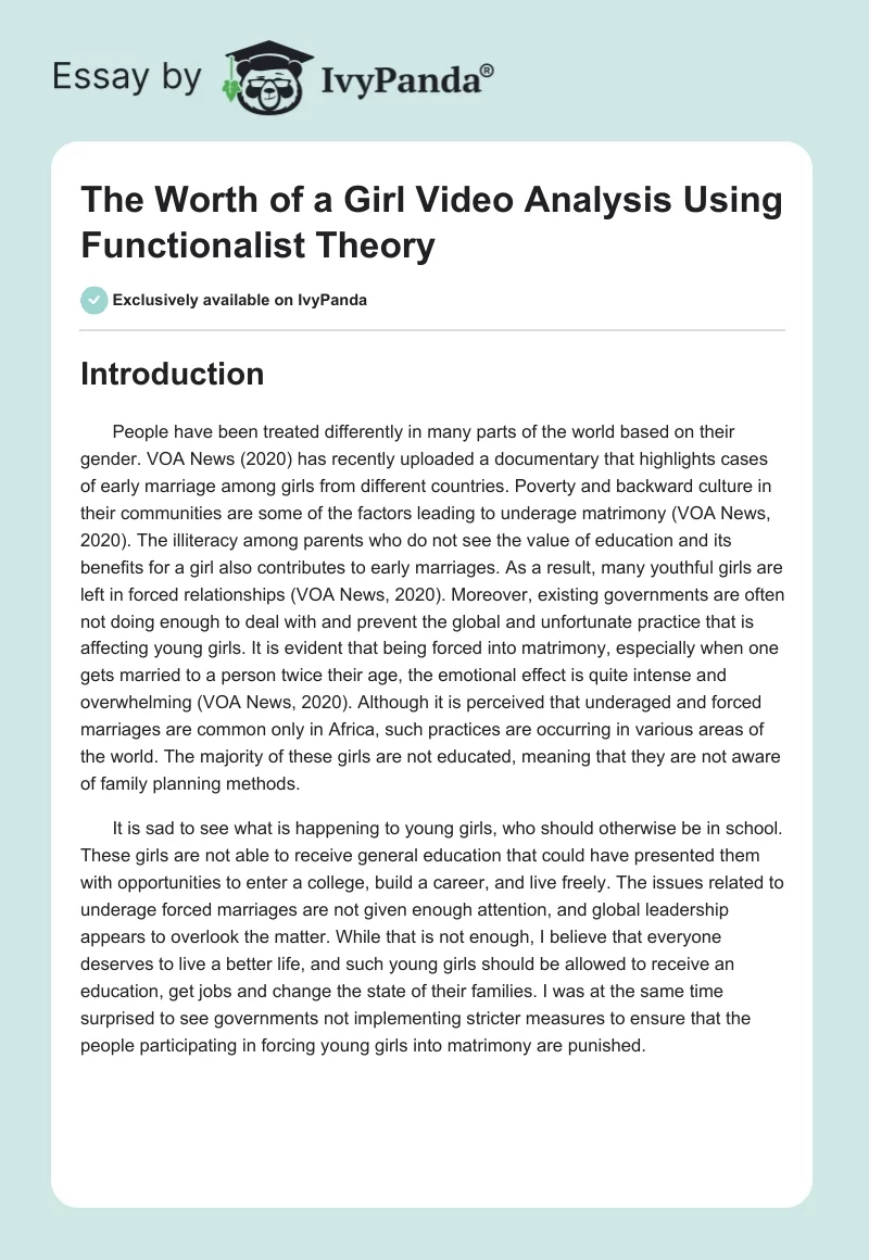 The Worth of a Girl Video Analysis Using Functionalist Theory. Page 1
