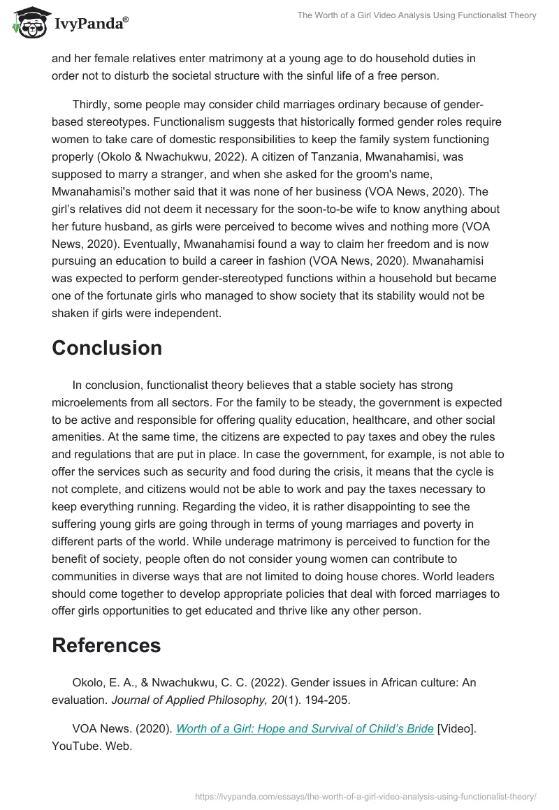 The Worth of a Girl Video Analysis Using Functionalist Theory. Page 3