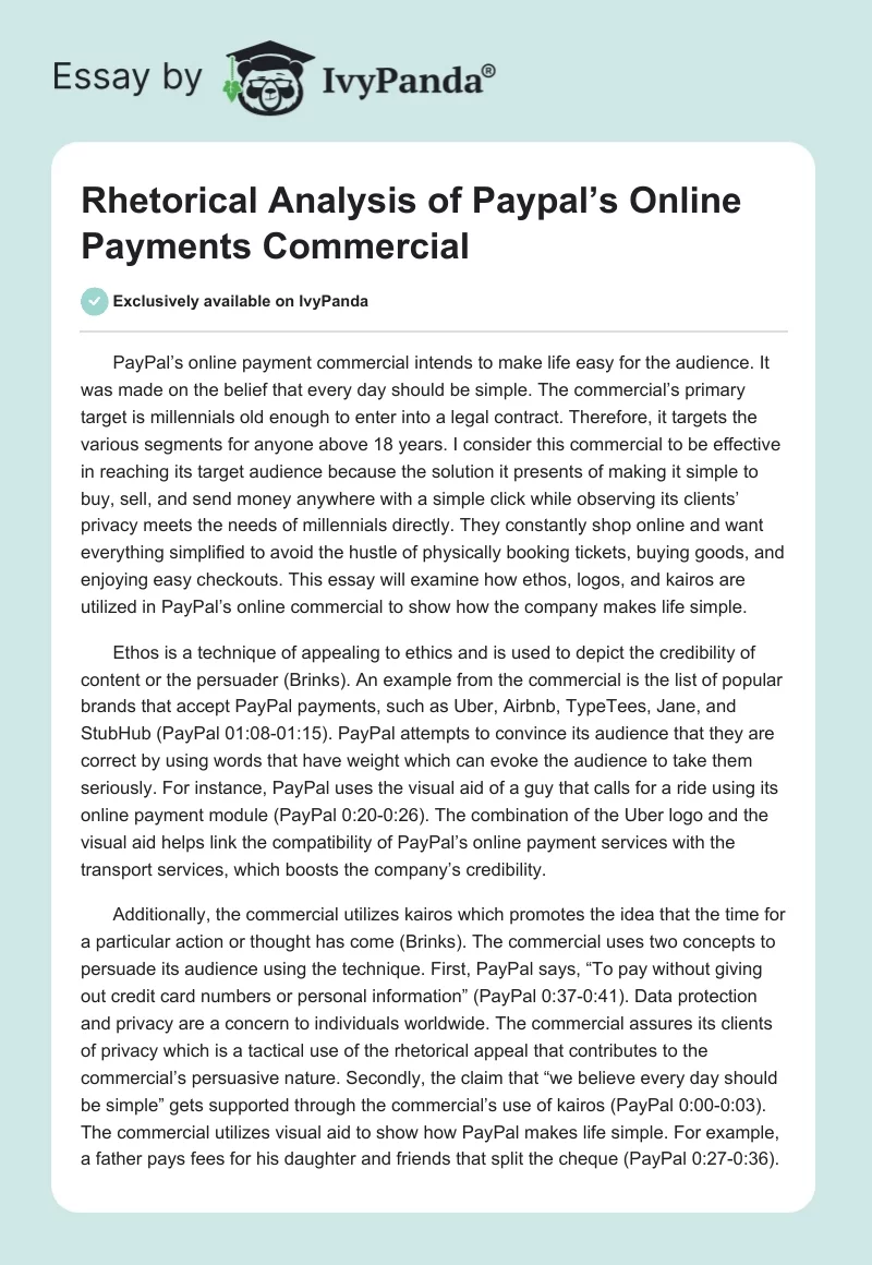 Rhetorical Analysis of Paypal’s Online Payments Commercial. Page 1