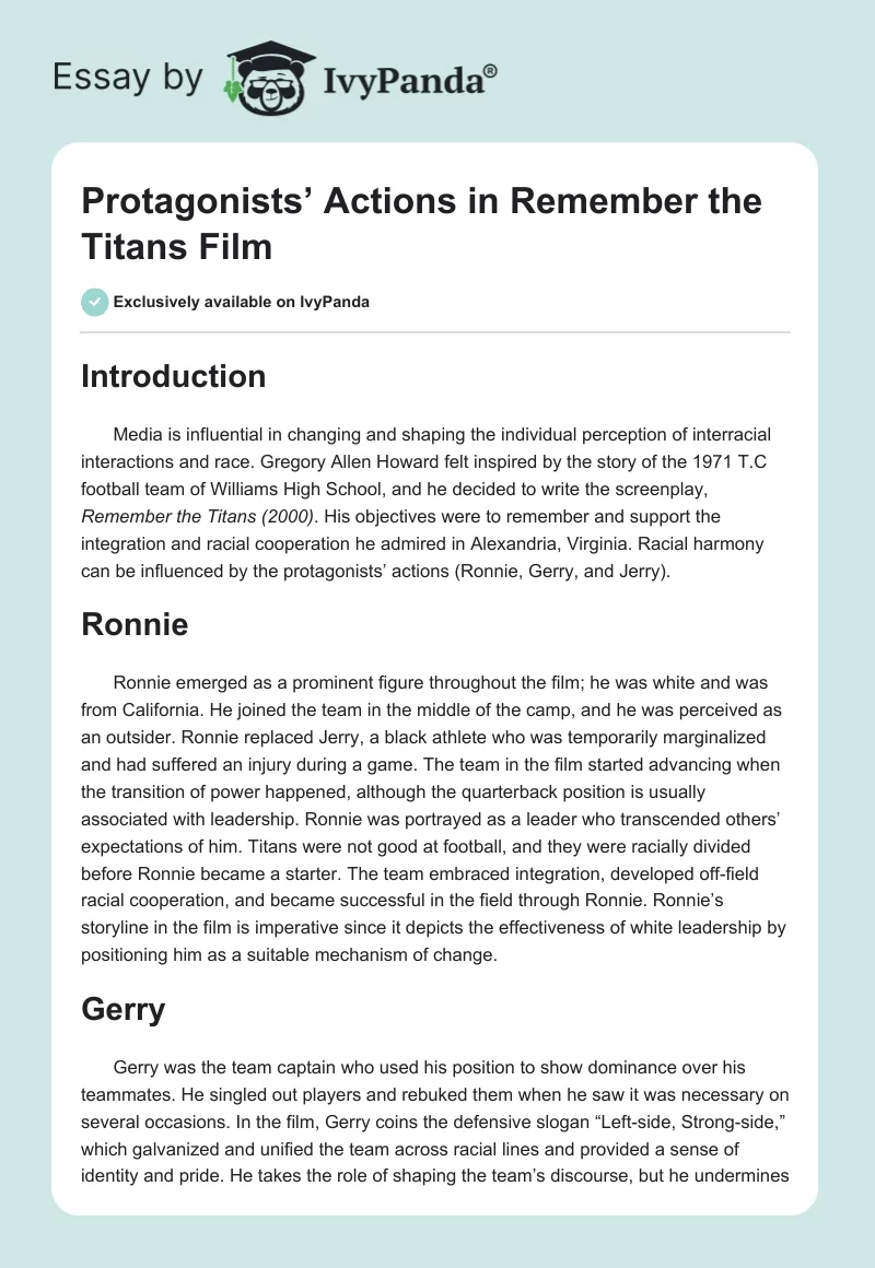 Protagonists’ Actions in "Remember the Titans" Film. Page 1