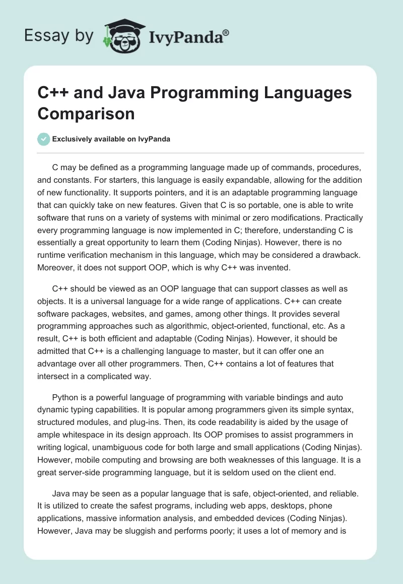 C++ and Java Programming Languages Comparison. Page 1