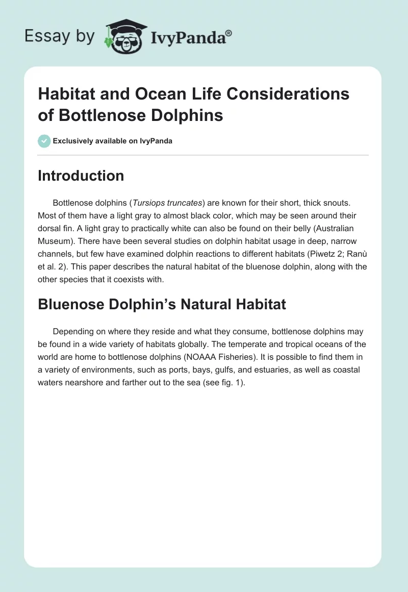 Habitat and Ocean Life Considerations of Bottlenose Dolphins. Page 1