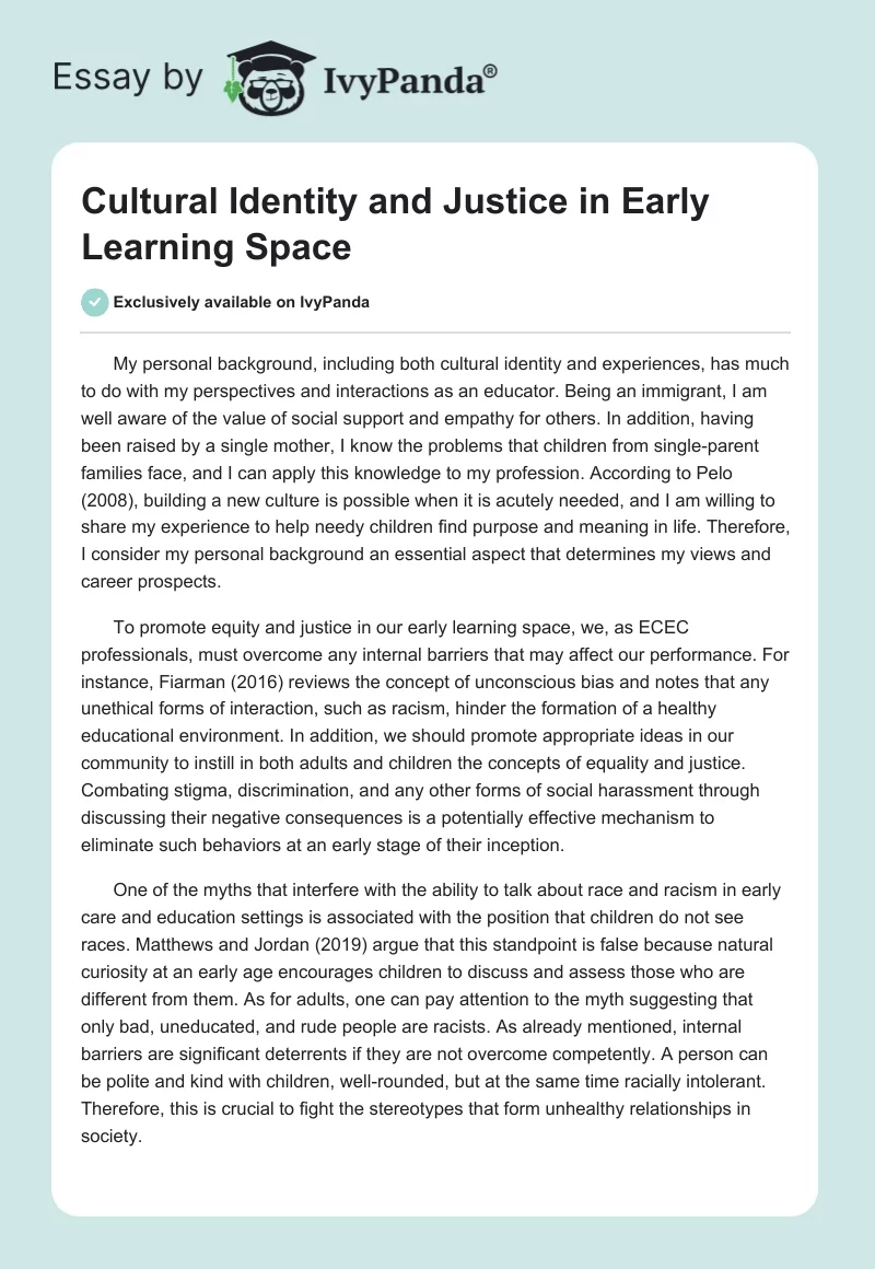 Cultural Identity and Justice in Early Learning Space. Page 1