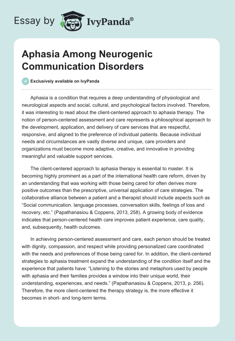 Aphasia Among Neurogenic Communication Disorders. Page 1