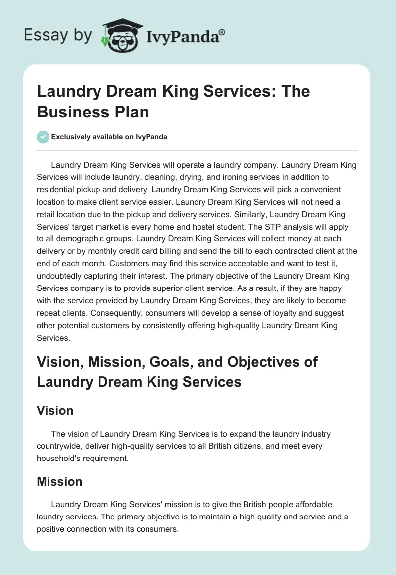 Laundry Dream King Services: The Business Plan. Page 1