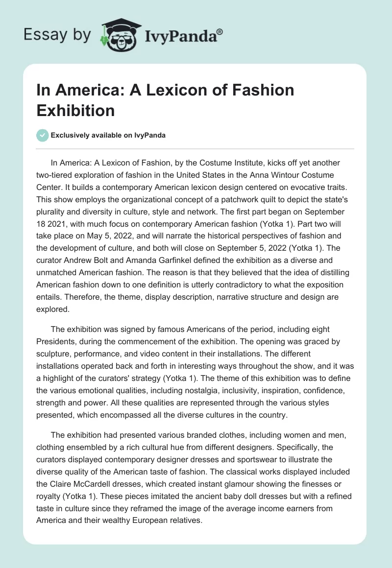 In America: A Lexicon of Fashion Exhibition. Page 1