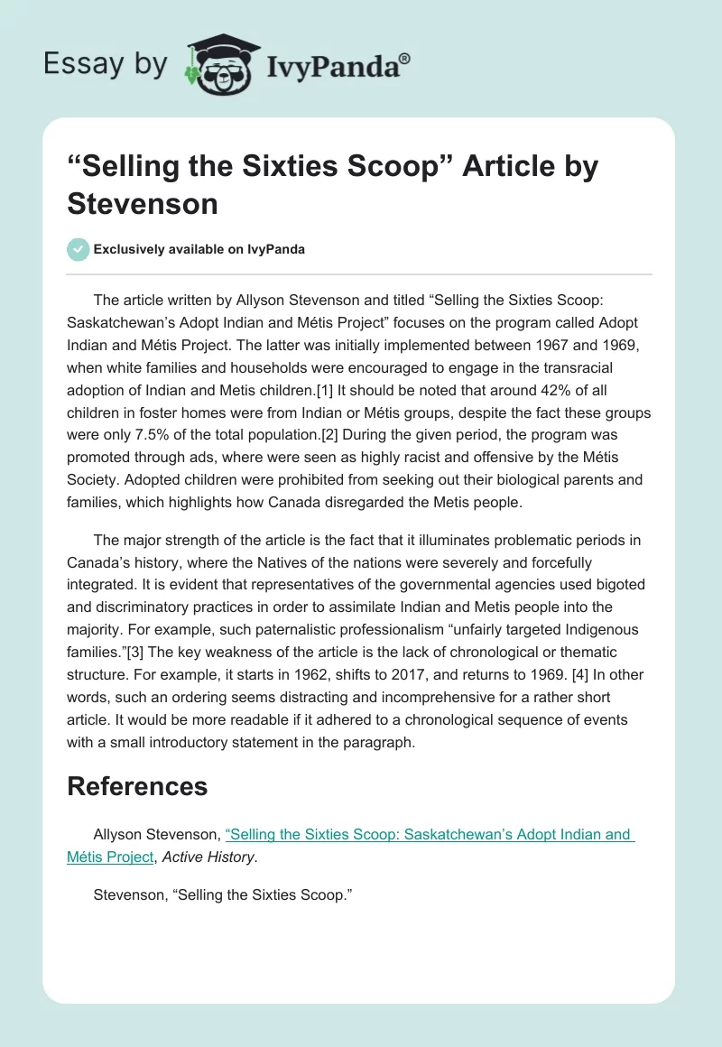 “Selling the Sixties Scoop” Article by Stevenson. Page 1