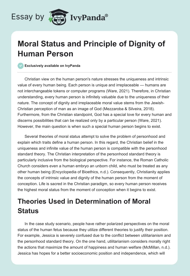 Moral Status and Principle of Dignity of Human Person. Page 1