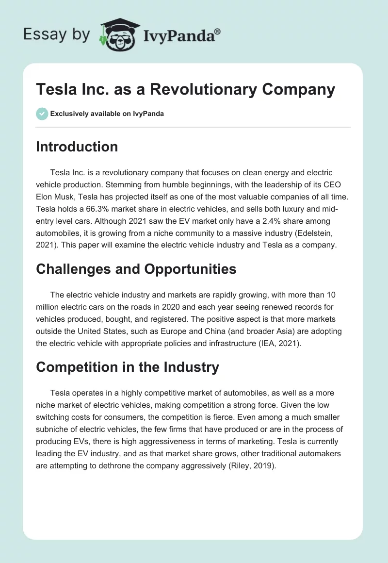 Tesla Inc. as a Revolutionary Company. Page 1