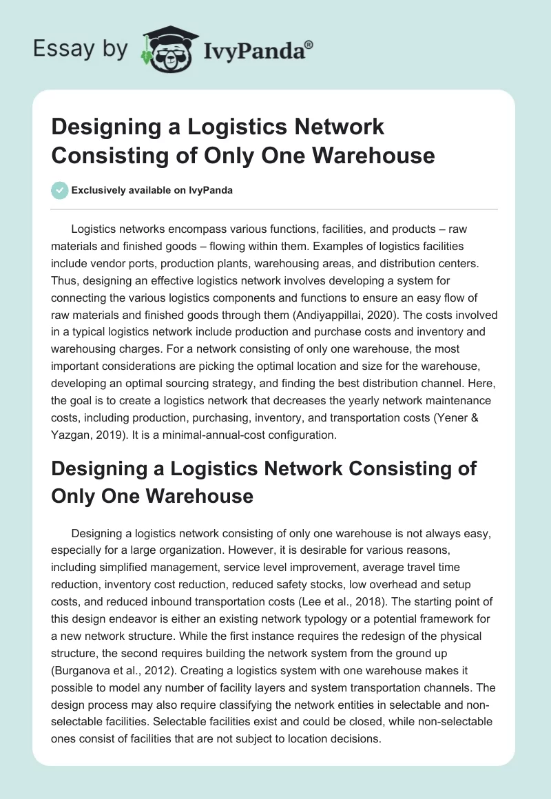 Designing a Logistics Network Consisting of Only One Warehouse. Page 1