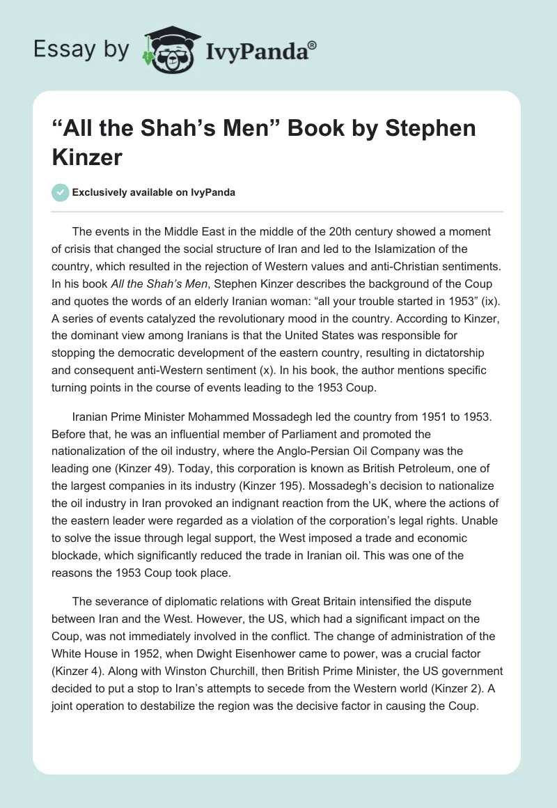 “All the Shah’s Men” Book by Stephen Kinzer. Page 1