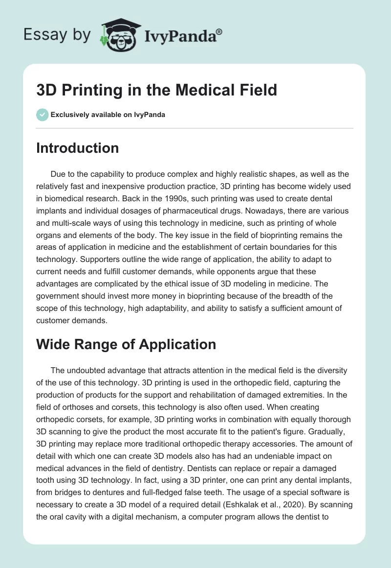 3D Printing in the Medical Field. Page 1
