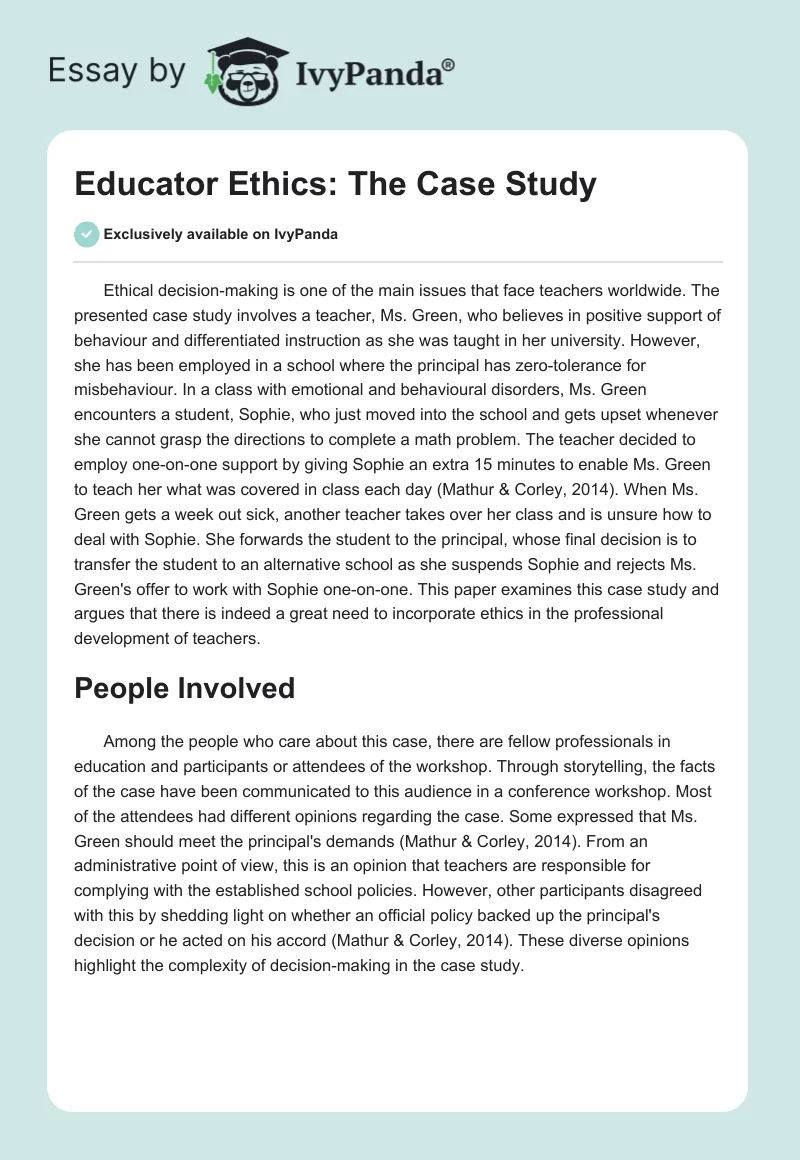 Educator Ethics: The Case Study. Page 1