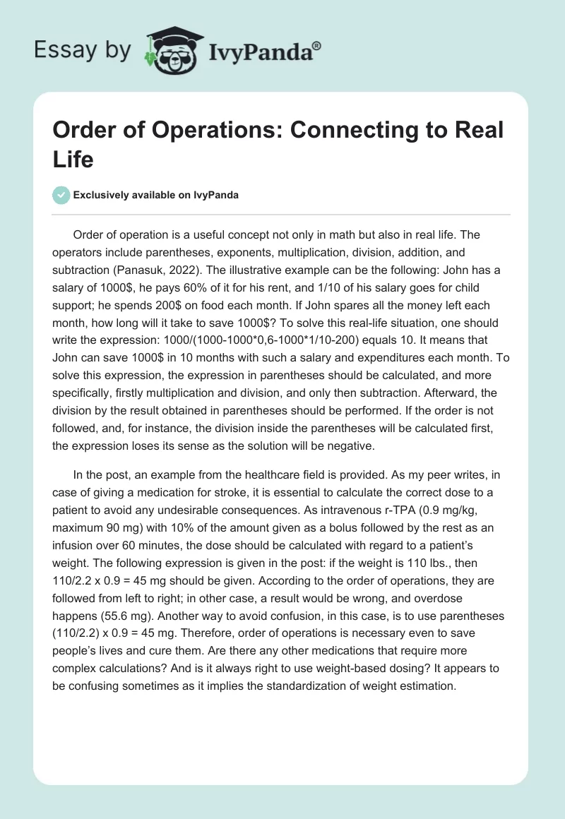 Order of Operations: Connecting to Real Life. Page 1
