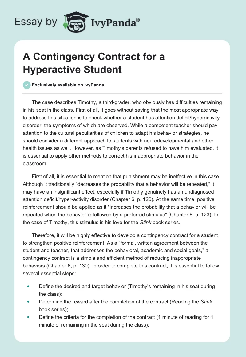 A Contingency Contract for a Hyperactive Student. Page 1