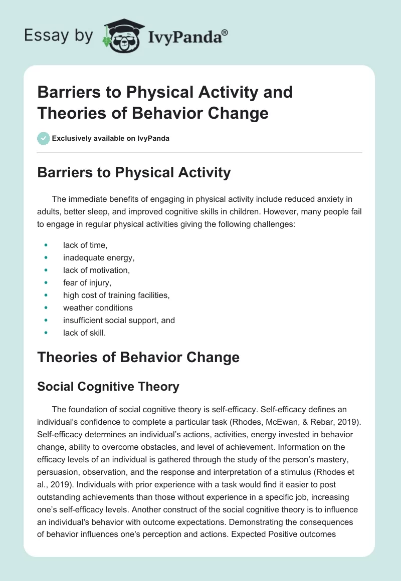 Barriers to Physical Activity and Theories of Behavior Change. Page 1