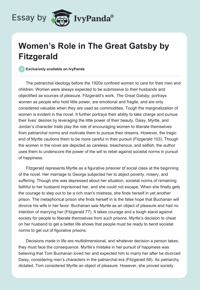 Women’s Role in "The Great Gatsby" by Fitzgerald. Page 1