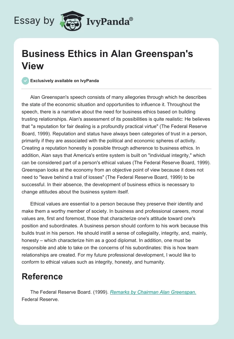 Business Ethics in Alan Greenspan's View. Page 1